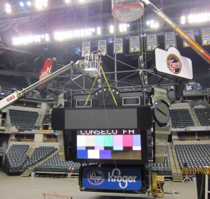 replacement of ad panels on centerhung of nba team with mitsubish led